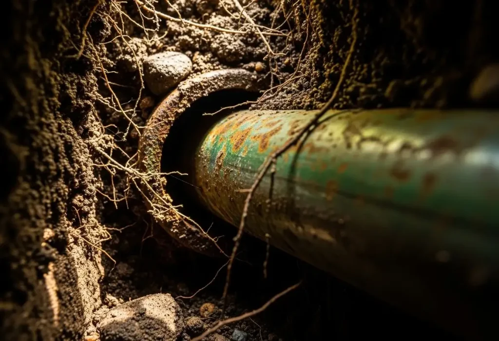 Buried pipe with roots and soil.