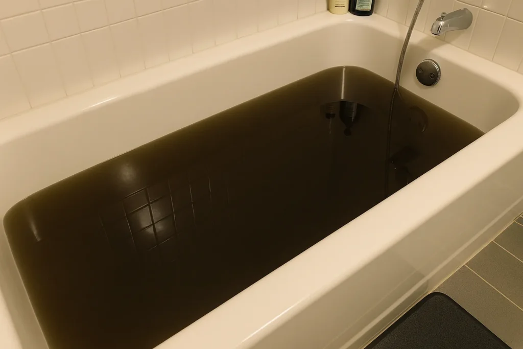 Bathtub filled with dark, murky water.