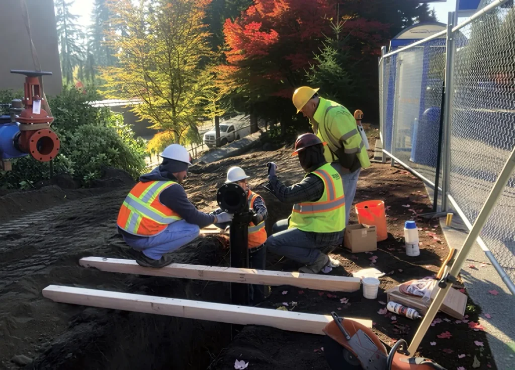 Workers repairing underground utility line.