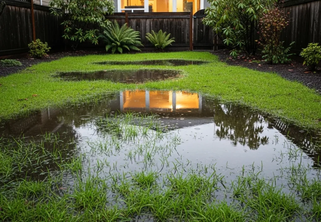 Puddles forming in grassy backyard