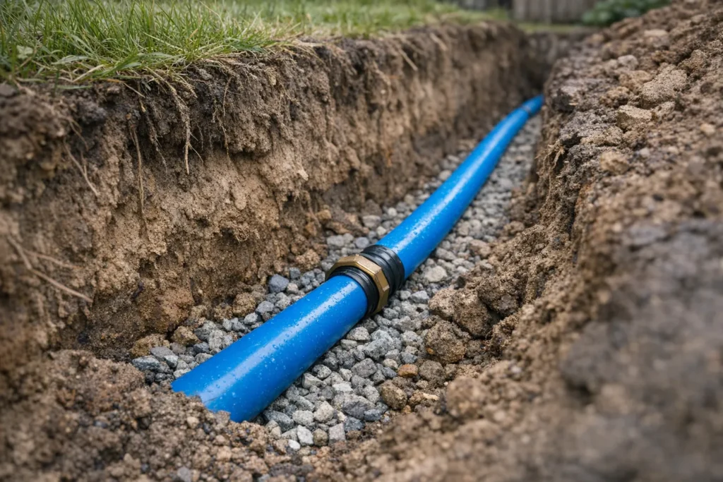 Blue water pipe in a trench