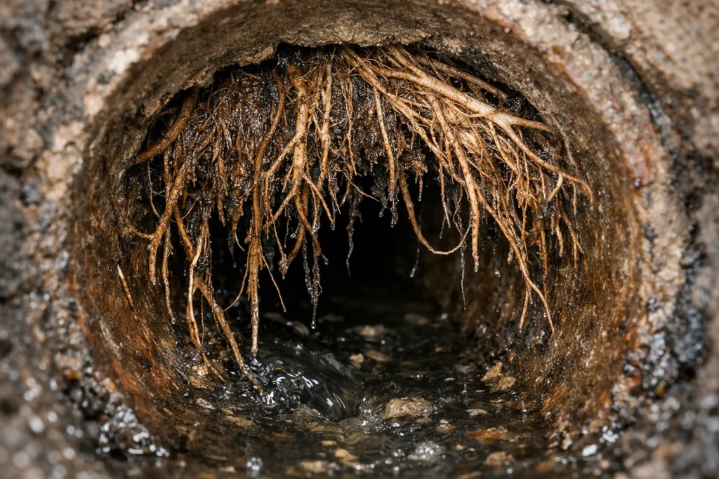 Tree roots invading sewer pipe