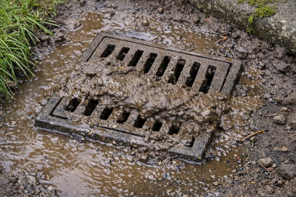Clogged drain covered in mud