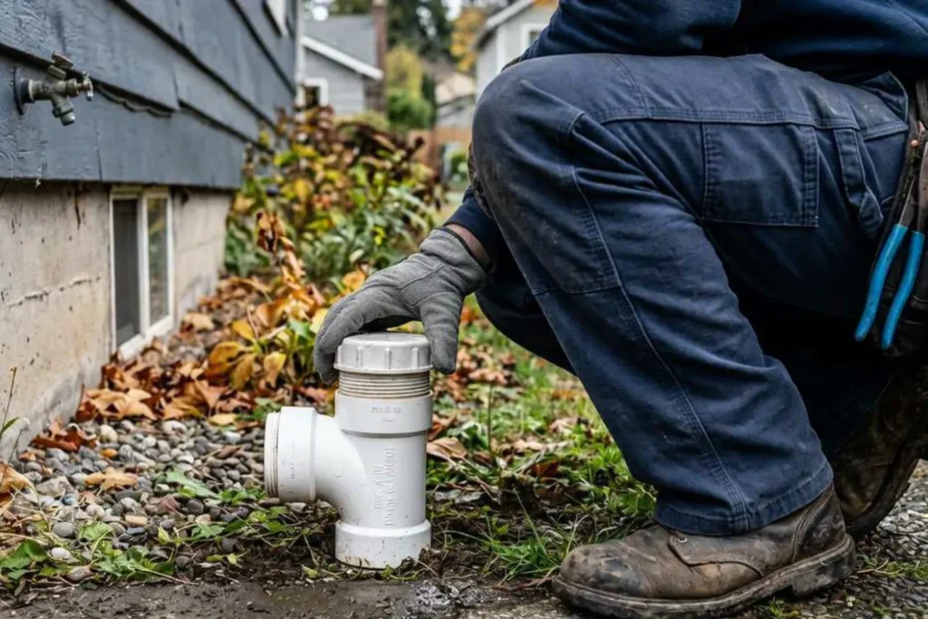 Person inspecting a white drain pipe