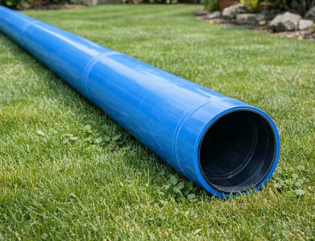 Blue pipe on green grass