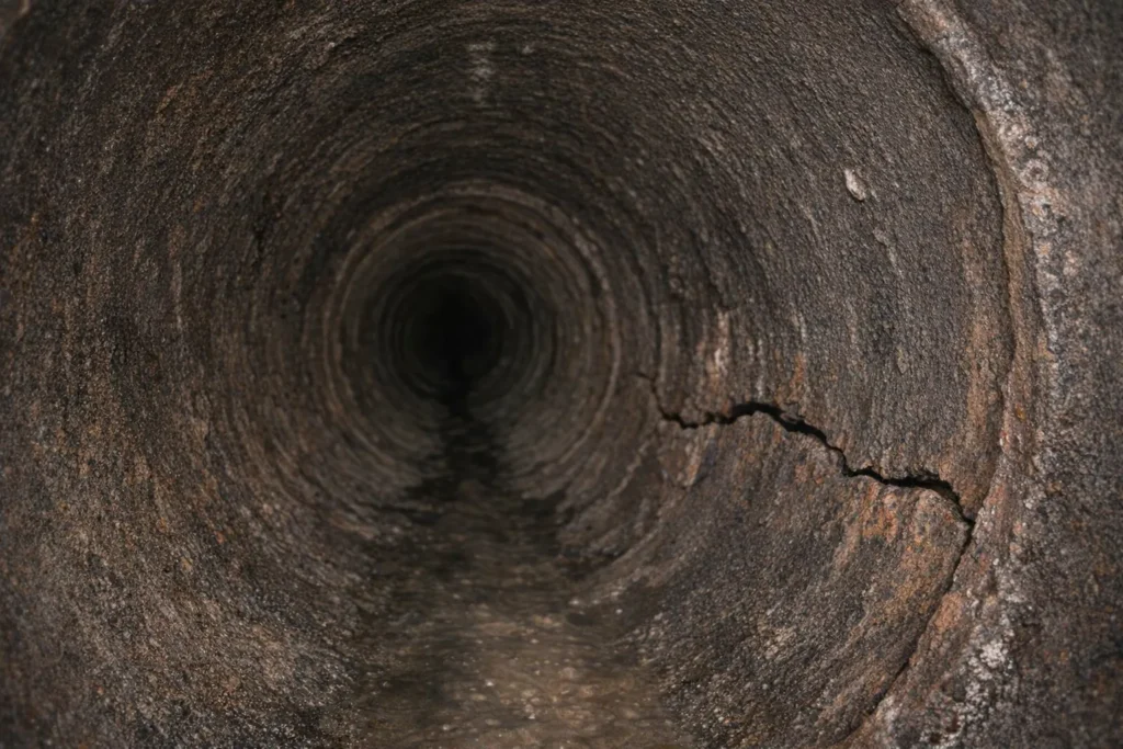 Cracked underground pipe with water.