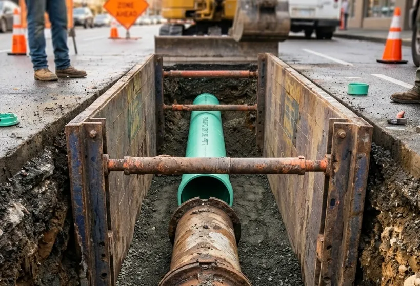 Excavation revealing sewer line installation