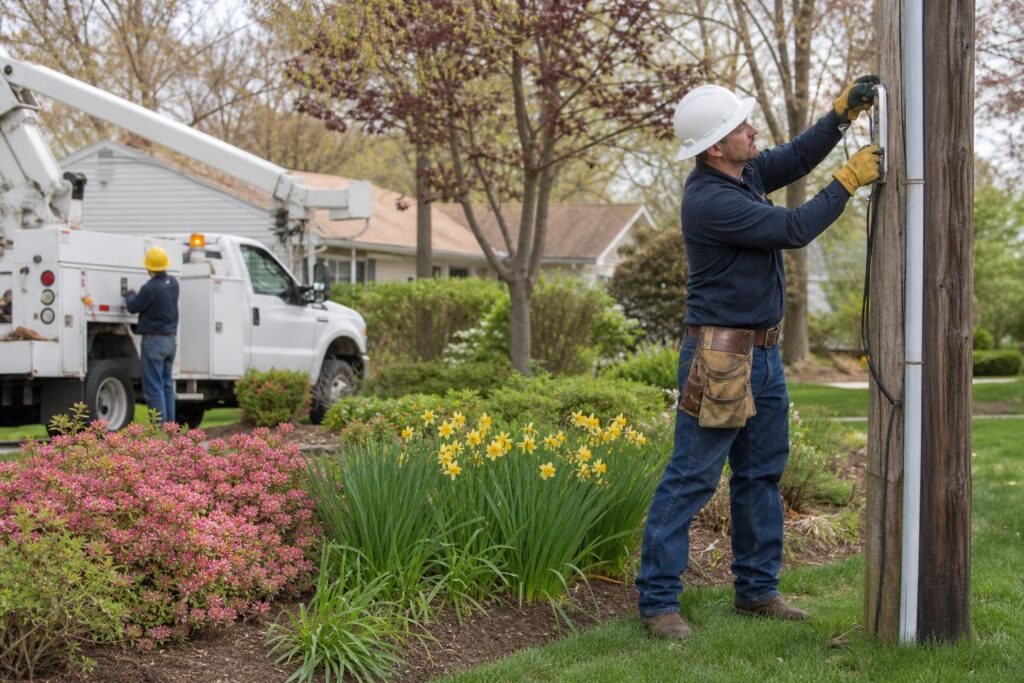 Utility worker in a hard hat repairing a wooden pole next to a vibrant spring garden with blooming yellow daffodils and pink flowers.