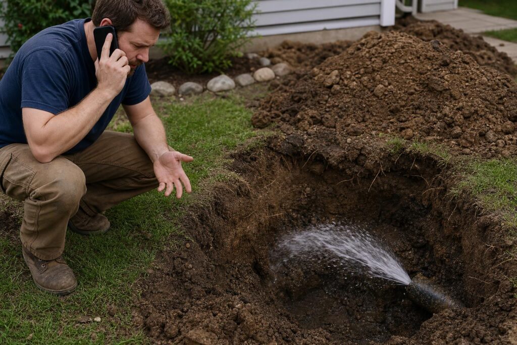 Concerned man on a smartphone looking at water spraying from a broken underground pipe in a freshly dug hole in a yard.