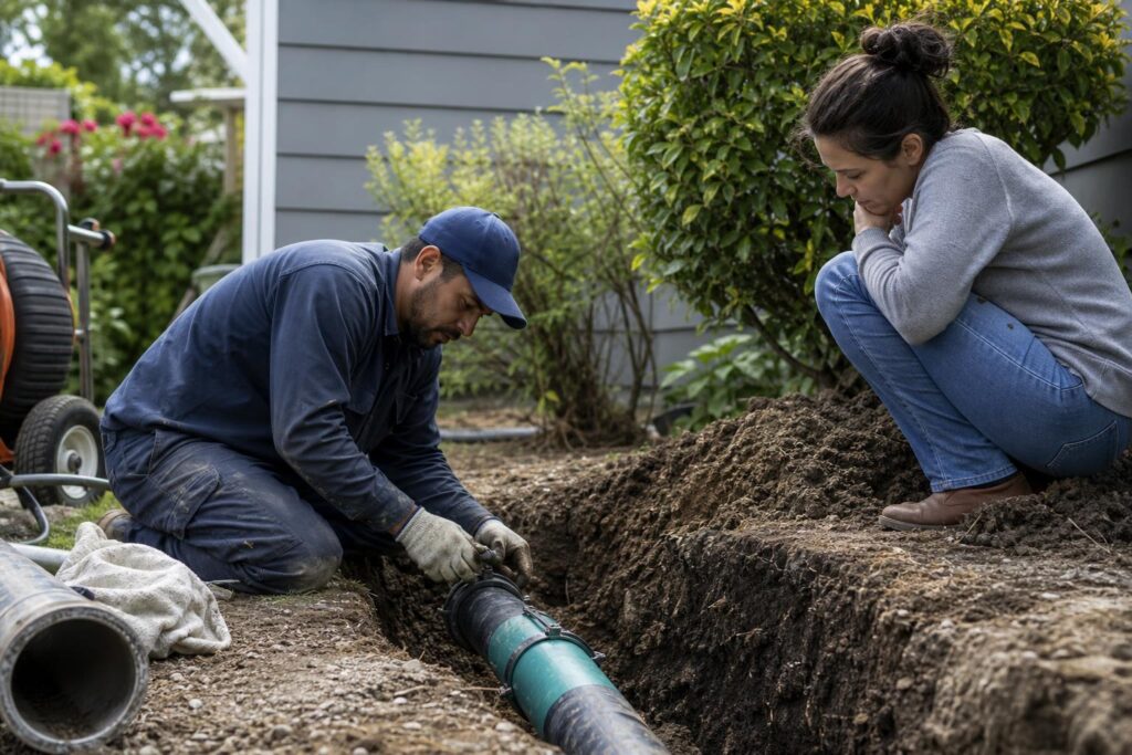 Plumber in a blue uniform repairing a green sewer pipe in a dirt trench while a woman watches in a residential backyard.